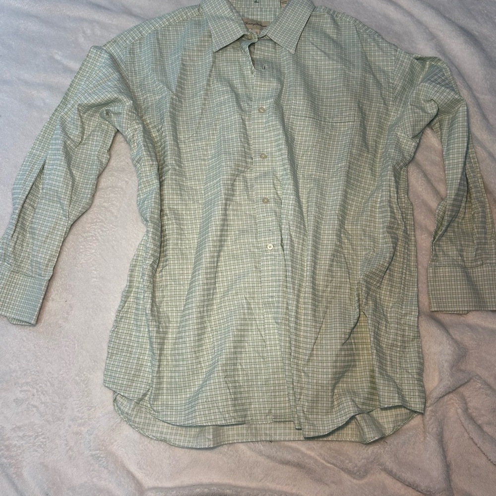 Tommy Bahama Mens Green White Graph Long Sleeve Button Down Shirt 17.5 32-33